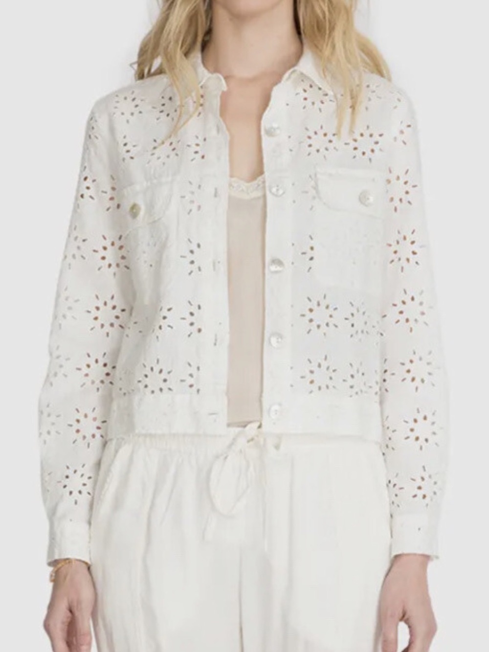 Johnny Was Jade Sandrine White Eyelet Button Front Jacket